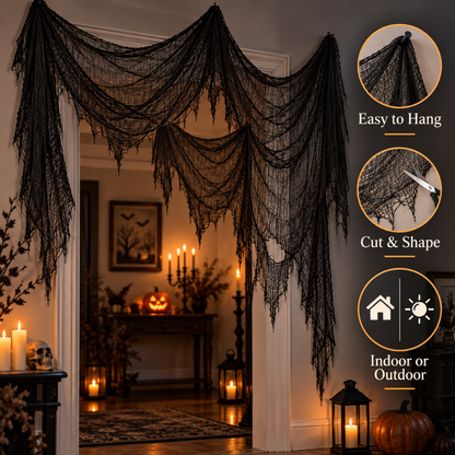 Black Halloween Creepy Cloth - Pack of 3 | 1m x 2m Stretchy Gauze Fabric for Haunted House, Porch, Doorway & Party Décor