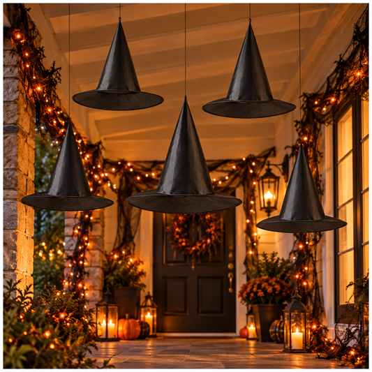 Black Hanging Witch Hats - Pack of 5 | Halloween Decorations for Porch, Yard, Balcony, Ceiling & Haunted House