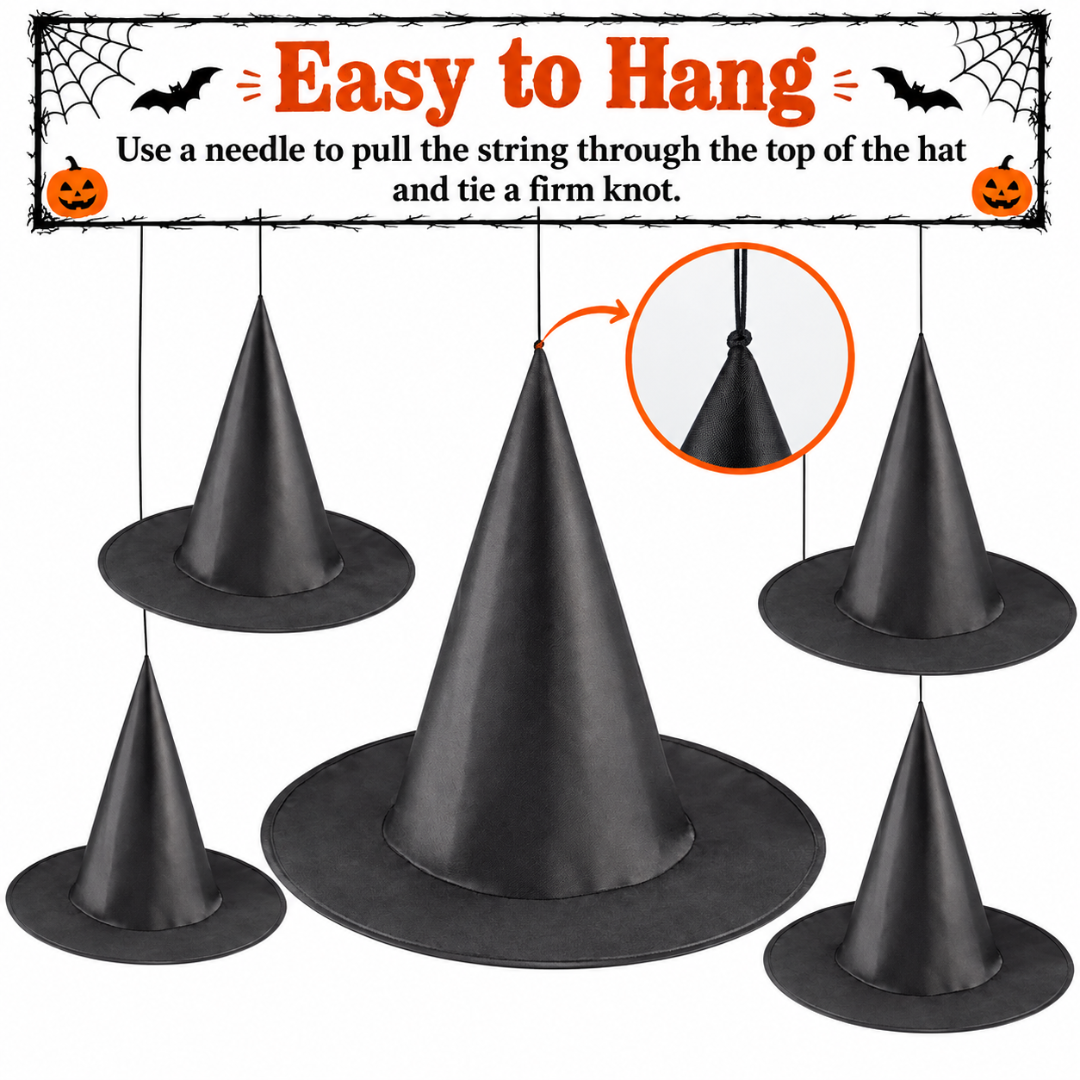 Black Hanging Witch Hats - Pack of 5 | Halloween Decorations for Porch, Yard, Balcony, Ceiling & Haunted House