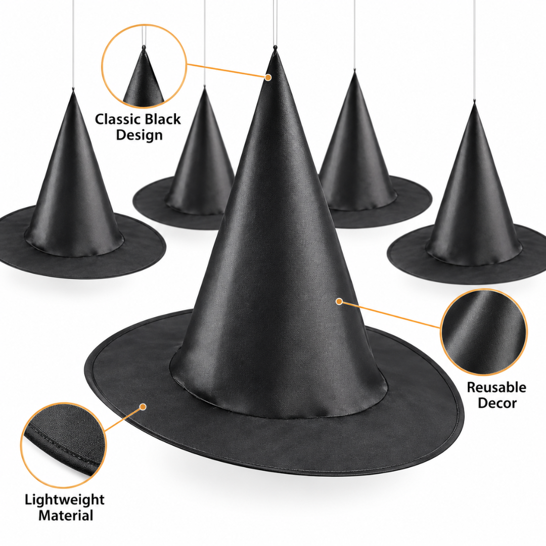 Black Hanging Witch Hats - Pack of 5 | Halloween Decorations for Porch, Yard, Balcony, Ceiling & Haunted House