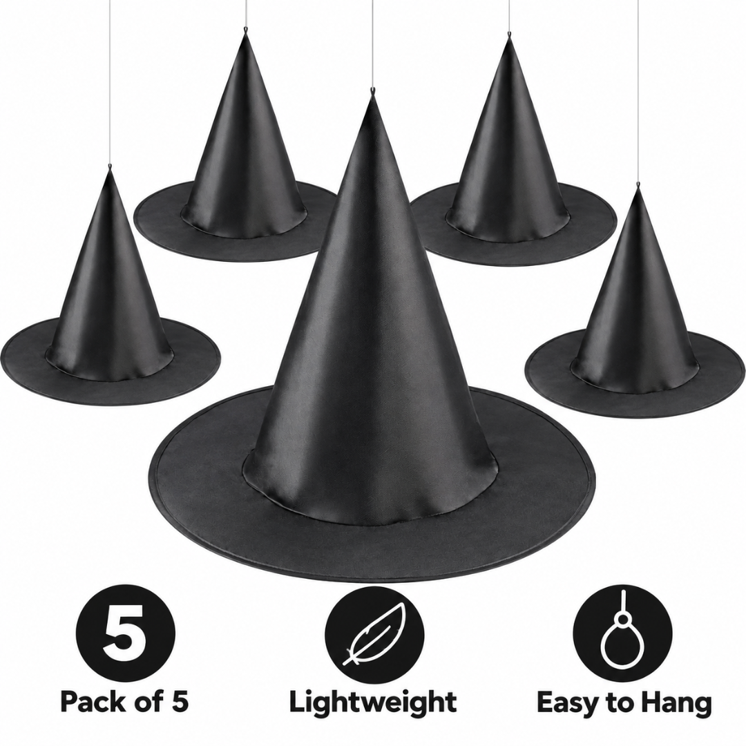 Black Hanging Witch Hats - Pack of 5 | Halloween Decorations for Porch, Yard, Balcony, Ceiling & Haunted House