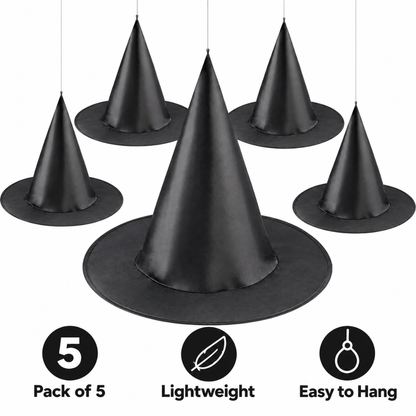 Black Hanging Witch Hats - Pack of 5 | Halloween Decorations for Porch, Yard, Balcony, Ceiling & Haunted House