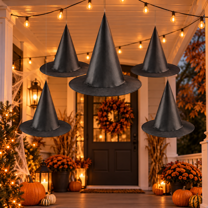 Black Hanging Witch Hats - Pack of 5 | Halloween Decorations for Porch, Yard, Balcony, Ceiling & Haunted House