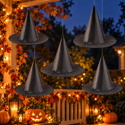 Black Hanging Witch Hats - Pack of 5 | Halloween Decorations for Porch, Yard, Balcony, Ceiling & Haunted House