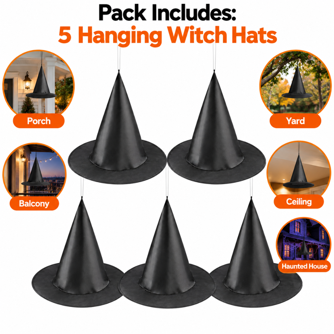 Black Hanging Witch Hats - Pack of 5 | Halloween Decorations for Porch, Yard, Balcony, Ceiling & Haunted House