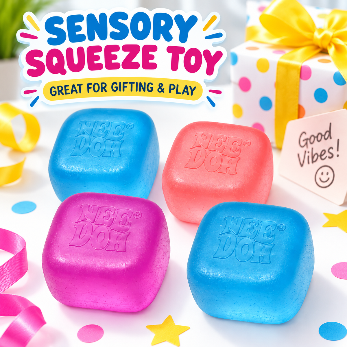 NeeDoh Nice Ice Baby Squishy Fidget Toys - Set of 4 | Soft Square Sensory Squeeze Toys in Assorted Colours for Kids & Adults