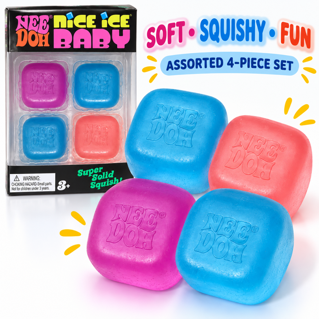 NeeDoh Nice Ice Baby Squishy Fidget Toys - Set of 4 | Soft Square Sensory Squeeze Toys in Assorted Colours for Kids & Adults