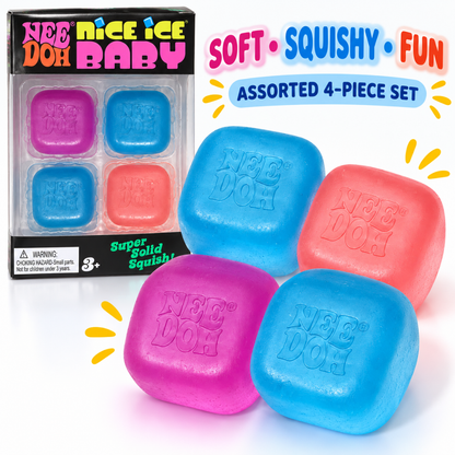NeeDoh Nice Ice Baby Squishy Fidget Toys - Set of 4 | Soft Square Sensory Squeeze Toys in Assorted Colours for Kids & Adults