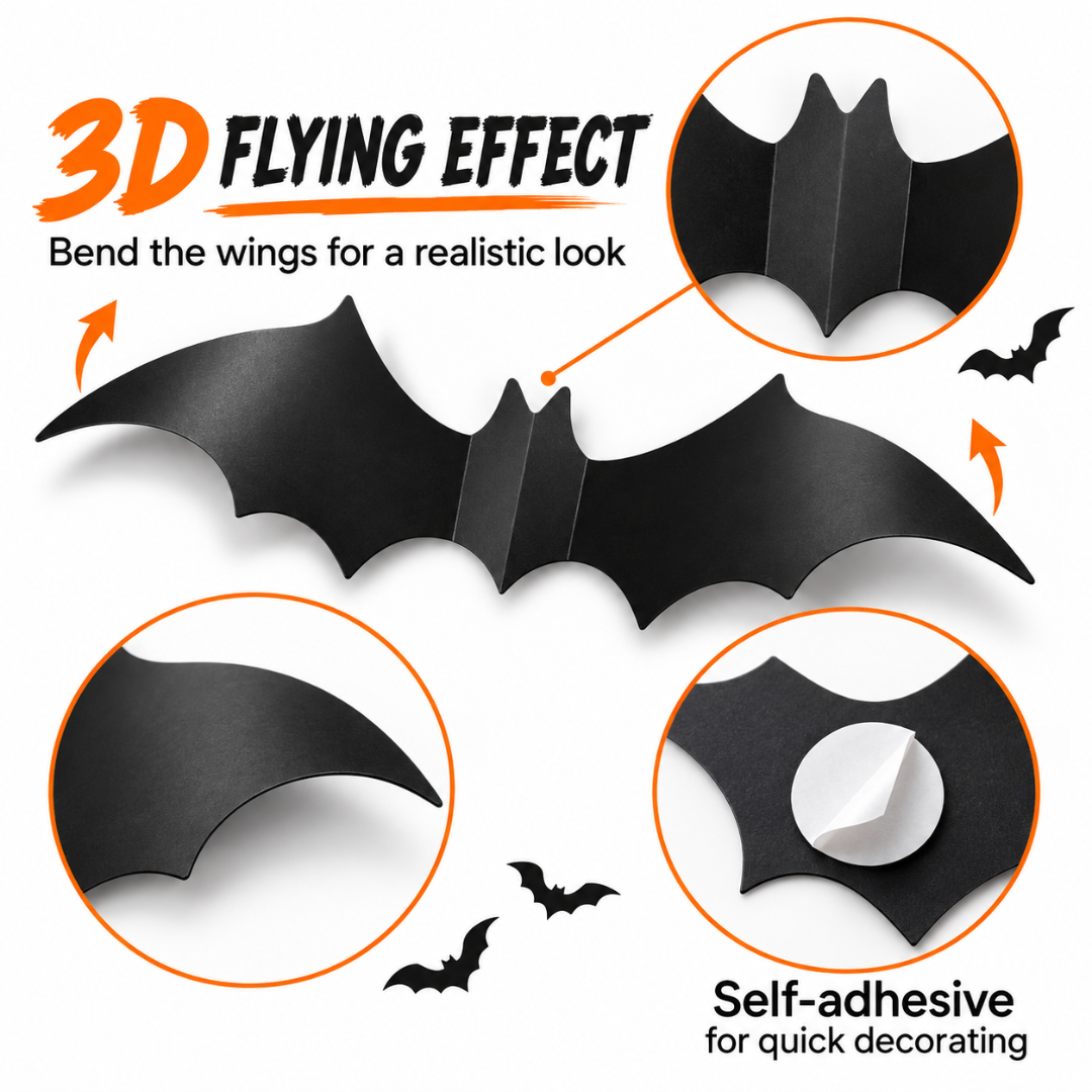 Halloween Bat Decorations - Pack of 20 | Black Bat Sticker Cutouts for Wall, Door, Window & Spooky Party Décor