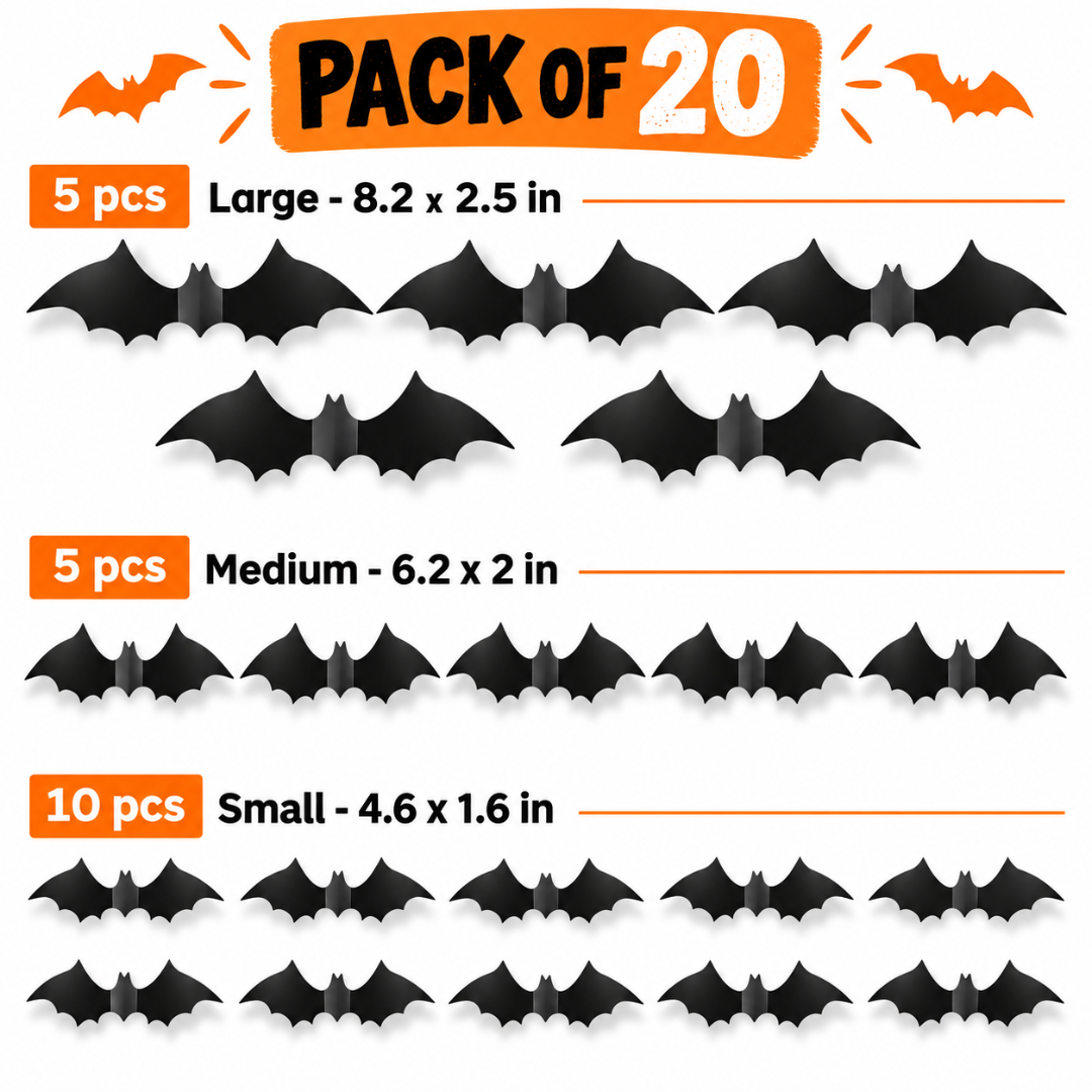 Halloween Bat Decorations - Pack of 20 | Black Bat Sticker Cutouts for Wall, Door, Window & Spooky Party Décor