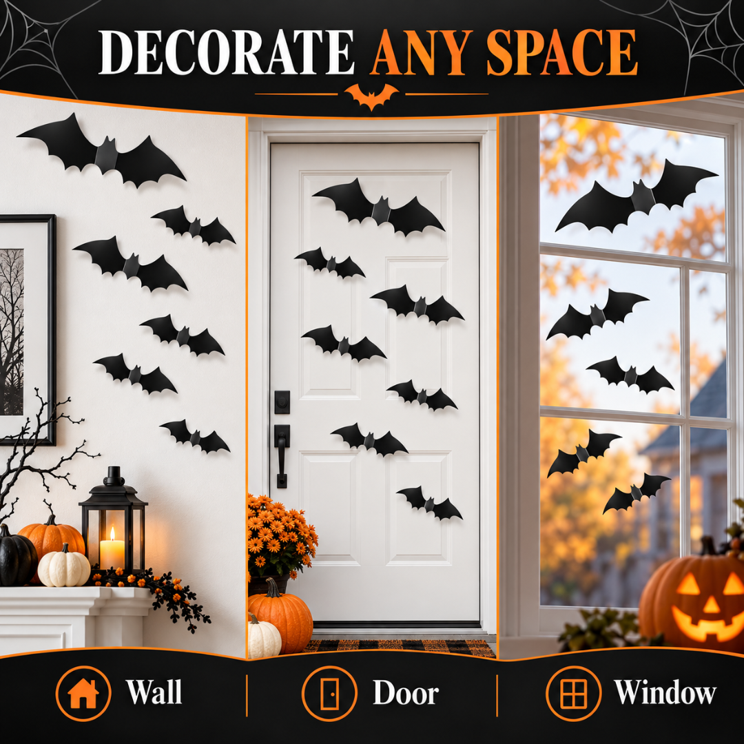Halloween Bat Decorations - Pack of 20 | Black Bat Sticker Cutouts for Wall, Door, Window & Spooky Party Décor