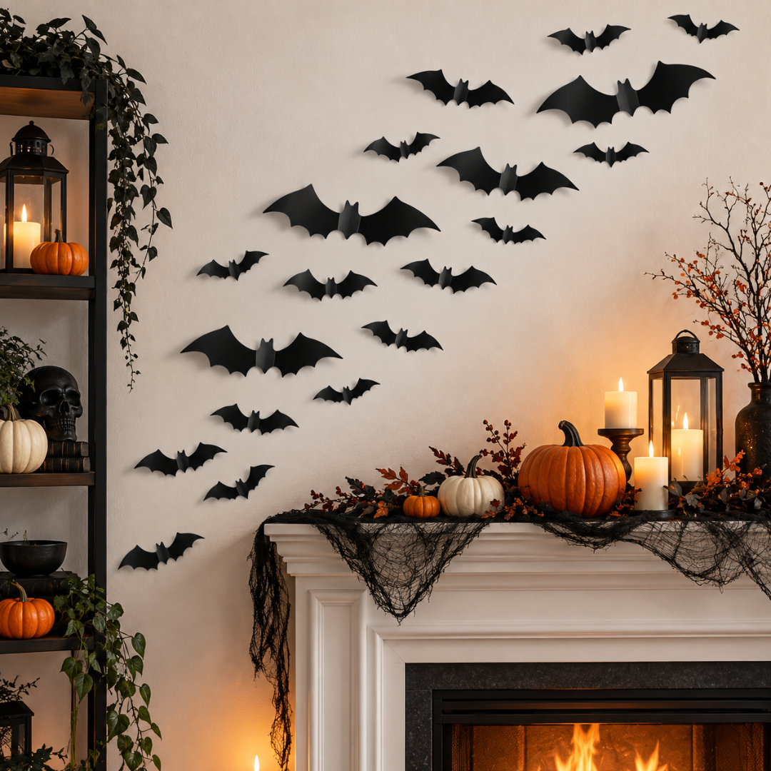 Halloween Bat Decorations - Pack of 20 | Black Bat Sticker Cutouts for Wall, Door, Window & Spooky Party Décor