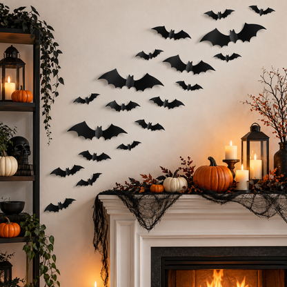 Halloween Bat Decorations - Pack of 20 | Black Bat Sticker Cutouts for Wall, Door, Window & Spooky Party Décor