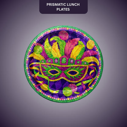 Masquerade Party Prismatic Lunch Plates 9 Inch - Mardi Gras Theme Paper Plates - 8 Pc