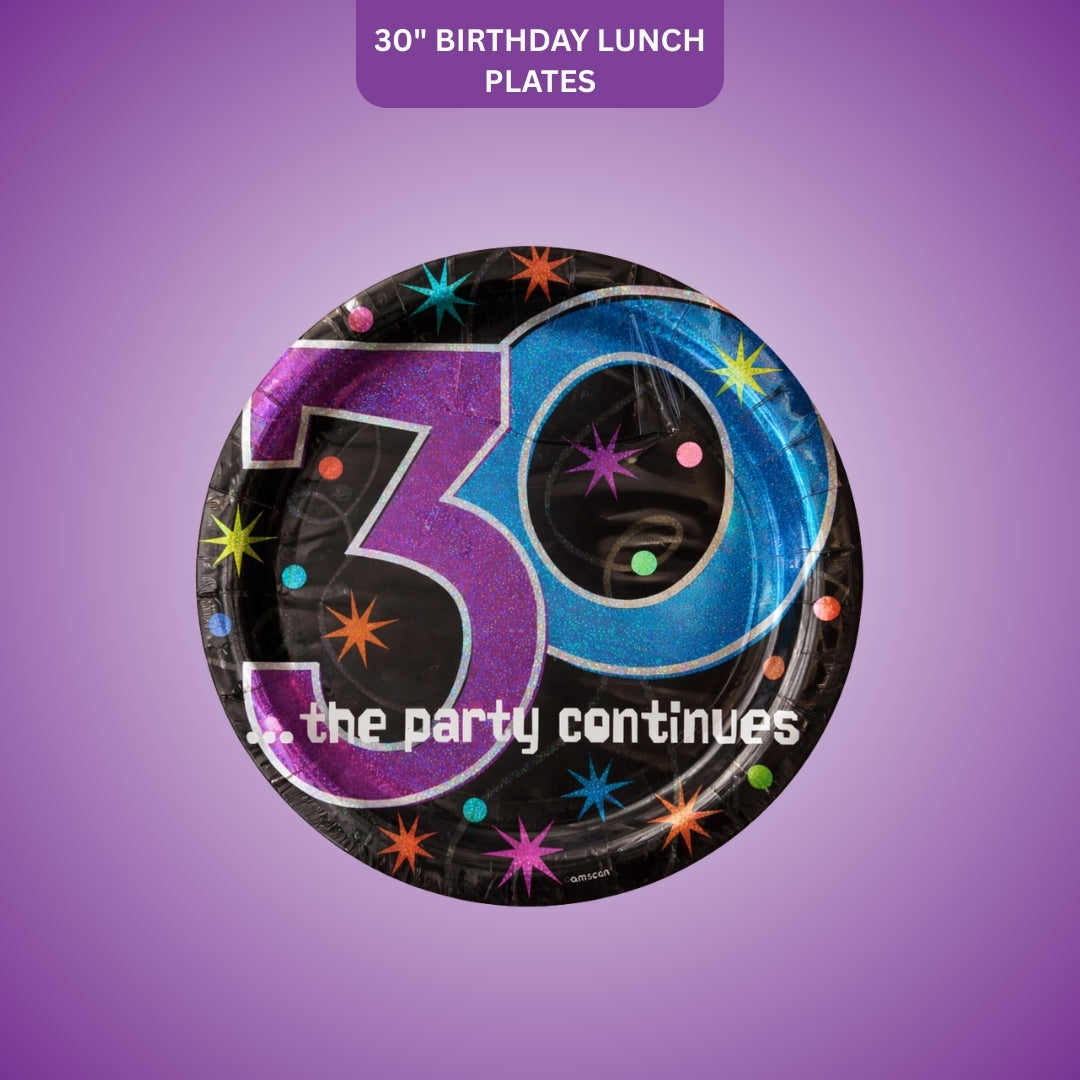 30th Birthday Lunch Plates - The Party Continues Prismatic Paper Plates - 8 Pc