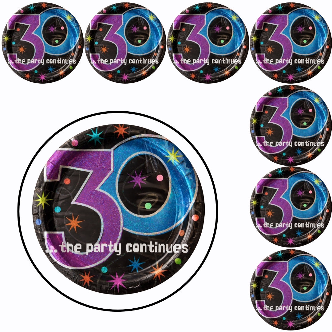30th Birthday Lunch Plates - The Party Continues Prismatic Paper Plates - 8 Pc