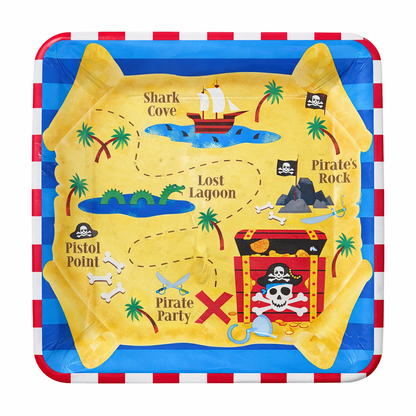 Pirate Party Square Paper Plates 10 Inch - Pirate Theme Birthday Party Tableware - 8 Pc