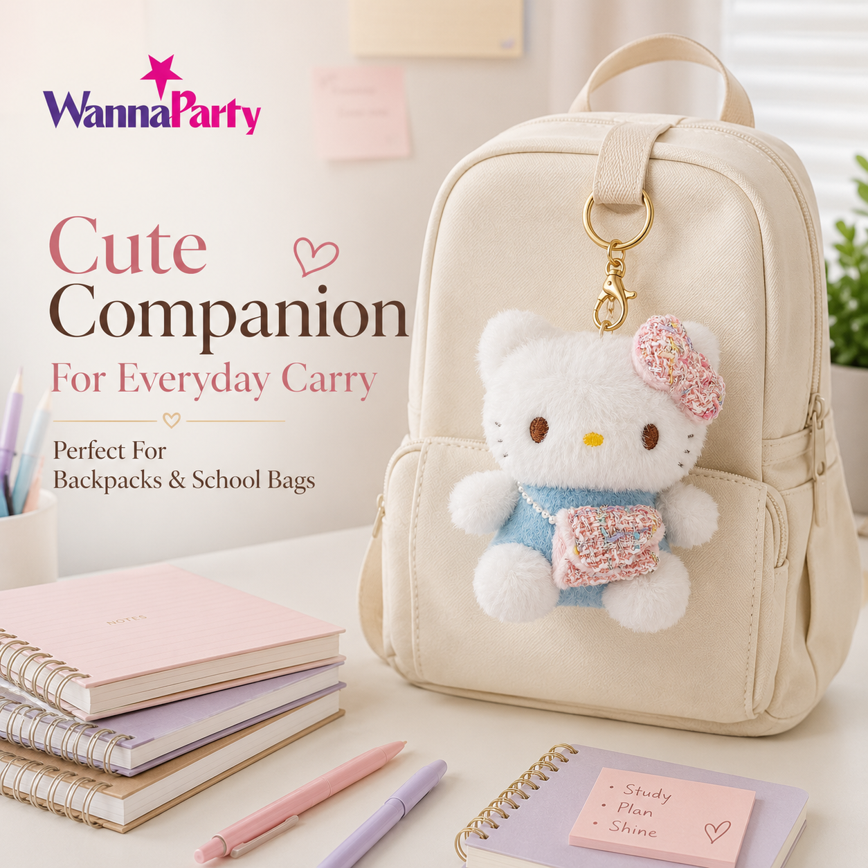 Pink Hello Kitty Plushy Key Chain | Cute Kawaii Pink Cat Plush Keychain | Soft Bag Charm with Blue Bow & Mini Purse, Gold Metal Chain for Backpack, Handbag, Keys, Birthday Return Gift & Party Favor – 1PC