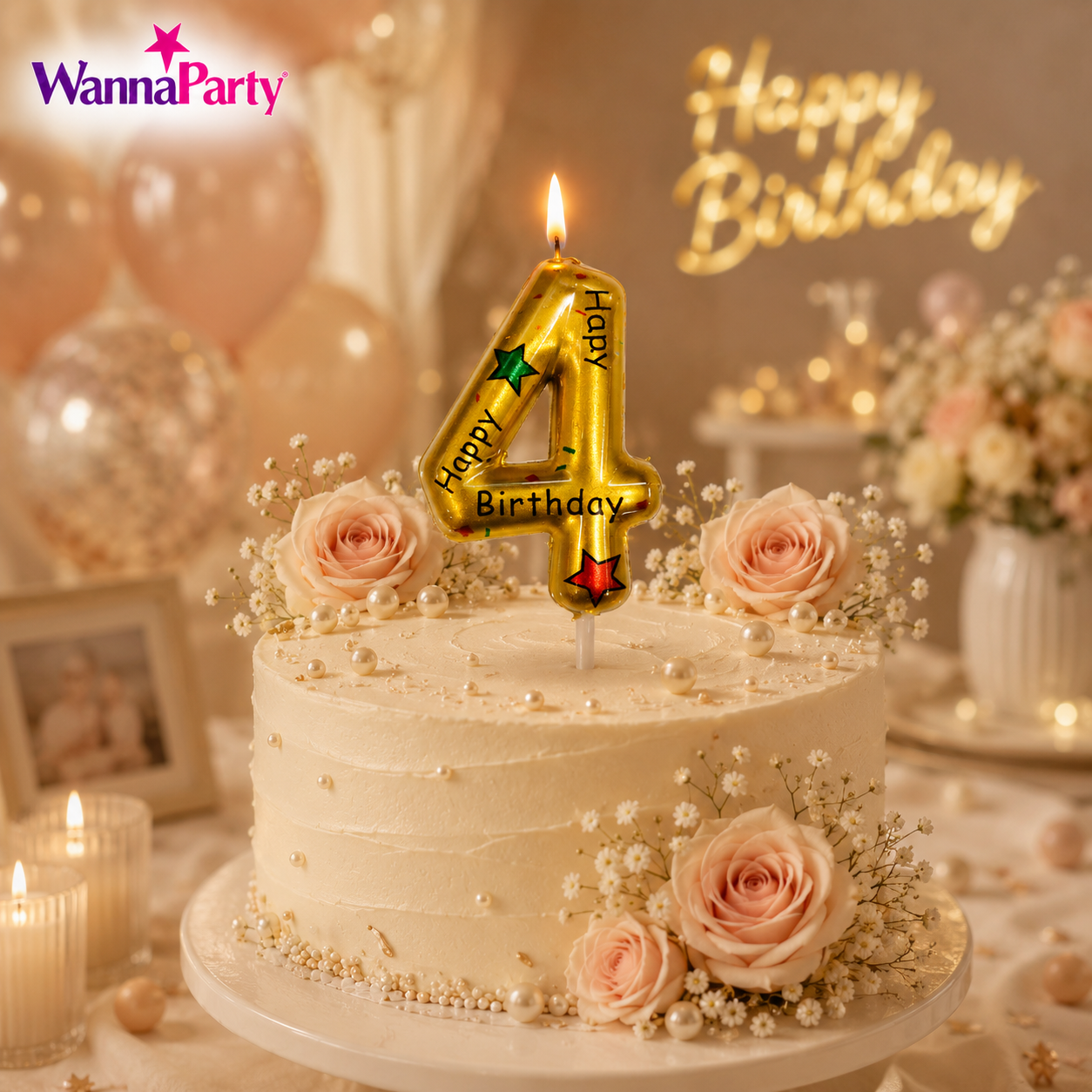 Golden Color Happy Birthday Printed Candle Number 4