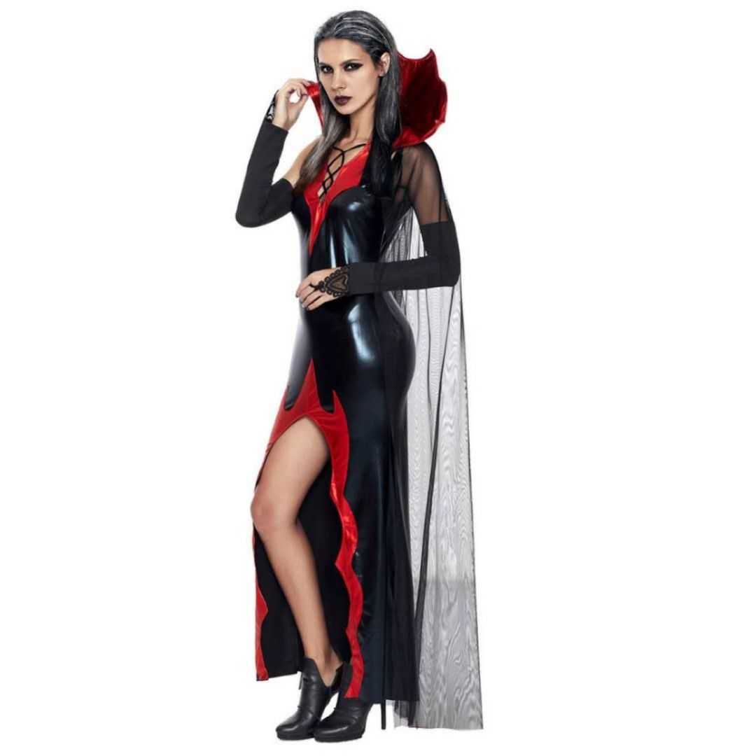 Devilish Diva Black & Red Stretchable Costume w/Cape, Gloves and Neck Choker - Size L - Bust - 36 - 38 inches