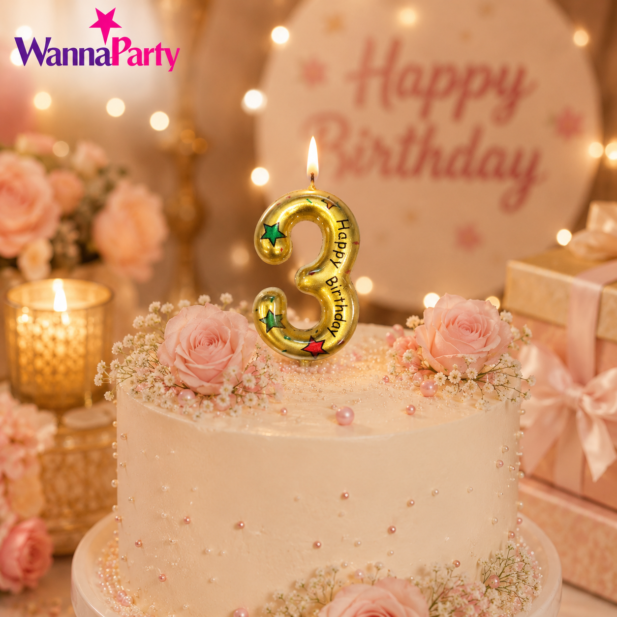 Golden Color Happy Birthday Printed Candle Number 3