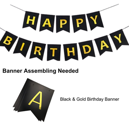 Happy Birthday Decoration Items - Black Happy Birthday Backdrop Decorations | Happy Birthday Decoration Kit | Black Happy Birthday Banner with LED Lights (Cardstock)