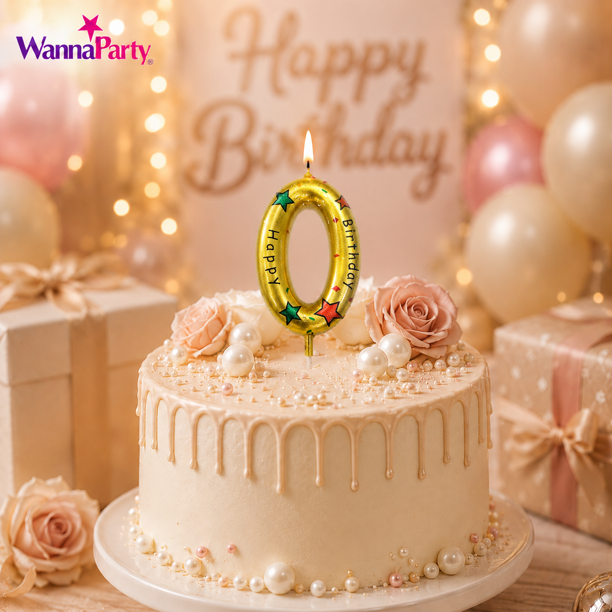 Golden Color Happy Birthday Printed Candle Number 0