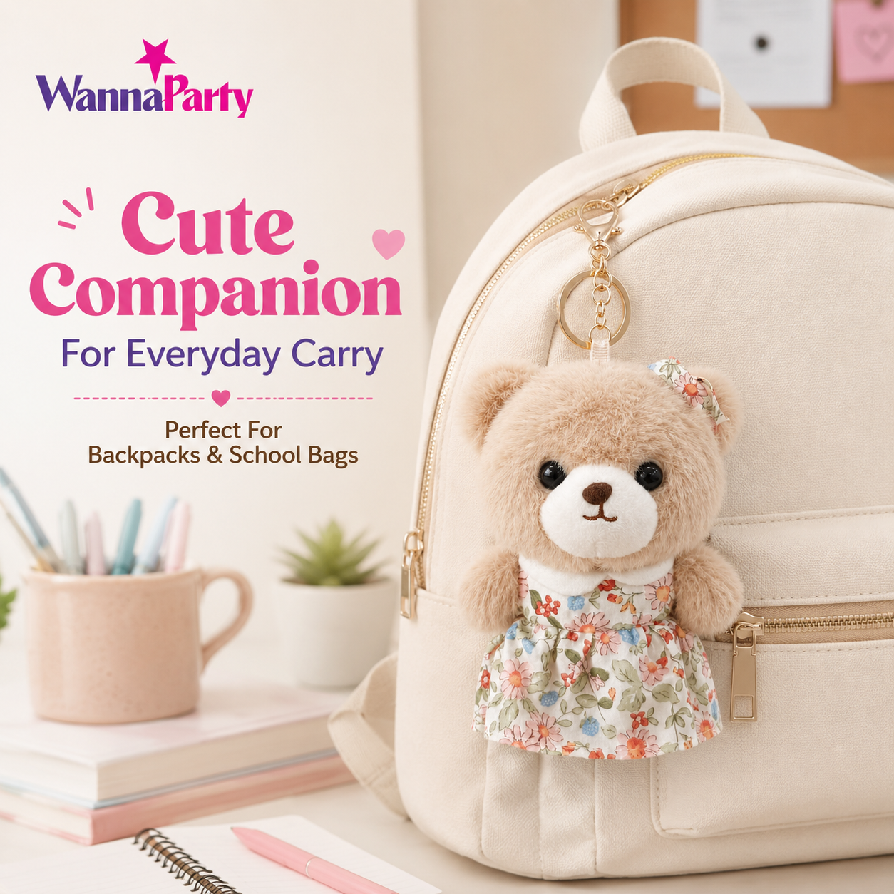 Teddy Bear Plush Keychain, Cute Soft Bear Bag Charm with Floral Dress | Gold Metal Chain, Backpack, Handbag, Keys, Birthday Return Gift & Party Favor – 1PC