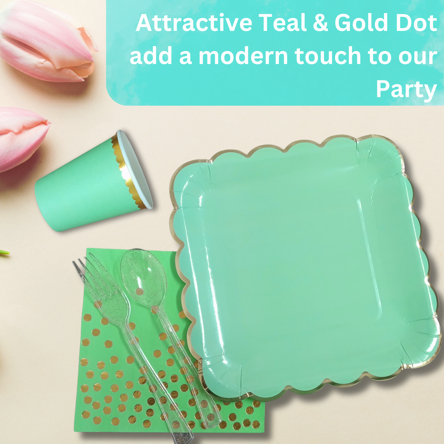 Mint Green Party Tableware Combo with Plates, Tissues, Cups, Spoons and Forks - 64PC - Serves Upto 10 Pax