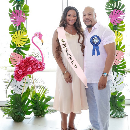 Dad To Be Blue Award Button w/  Mommy To Be  Pink Satin Sash Combo - 2PC