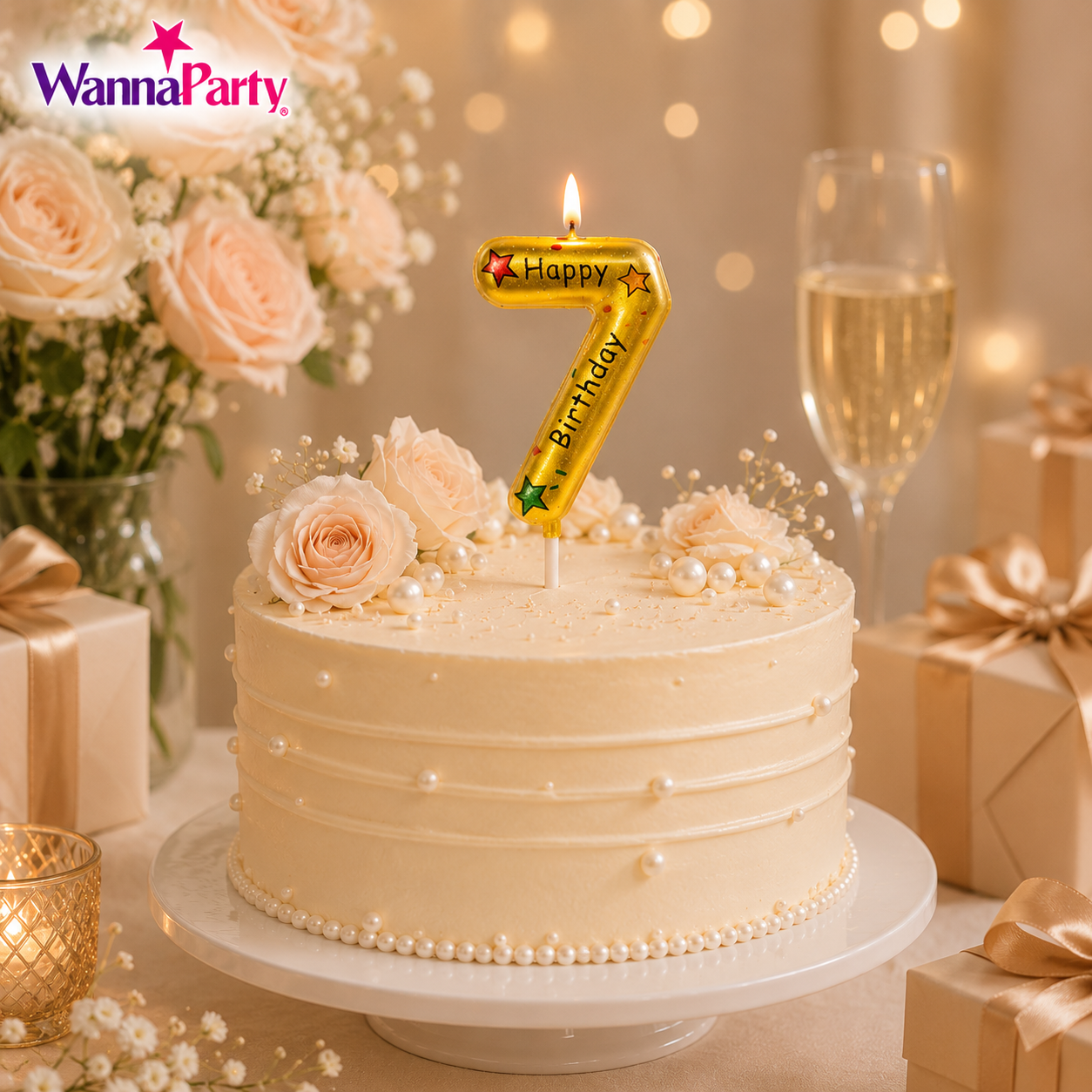 Golden Color Happy Birthday Printed Candle Number 7
