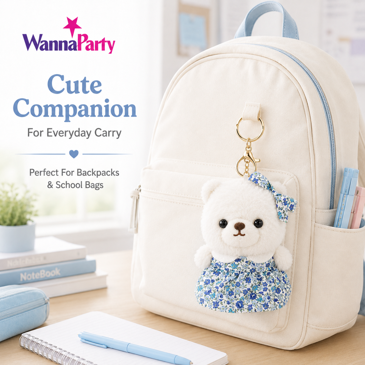 White Teddy Bear Plush Keychain, Cute Soft Bear Bag Charm with Blue Floral Dress | Gold Metal Chain, Backpack, Handbag, Keys, Birthday Return Gift & Party Favor – 1PC