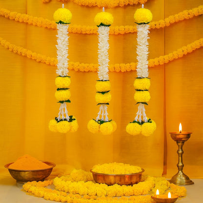 Pack of 3 Artificial White Gajra Jasmine & Marigold Flower Strings Wedding- 24 inch