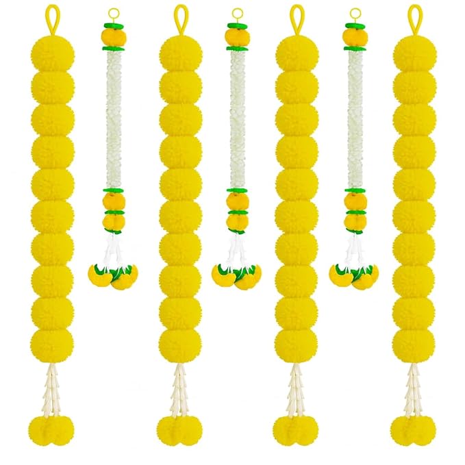 Atrtificial Yellow Marigold and White Mogra Garlands Hanging Backdrop Decorations Set of 7