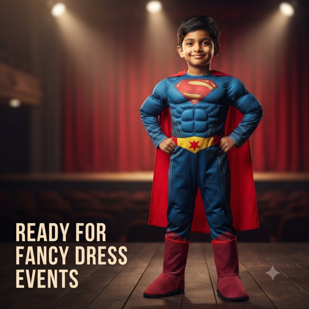 Classic Red & Blue Superhero Costume for Boys - Size M | Kids Hero Fancy Dress for Birthday Parties, School Events & Role Play