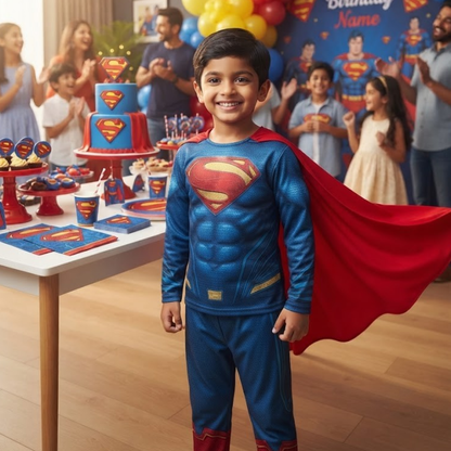 Red & Blue Superhero Costume Top for Kids – Size M | Kids Hero-Inspired Fancy Dress for Theme Parties & School Events