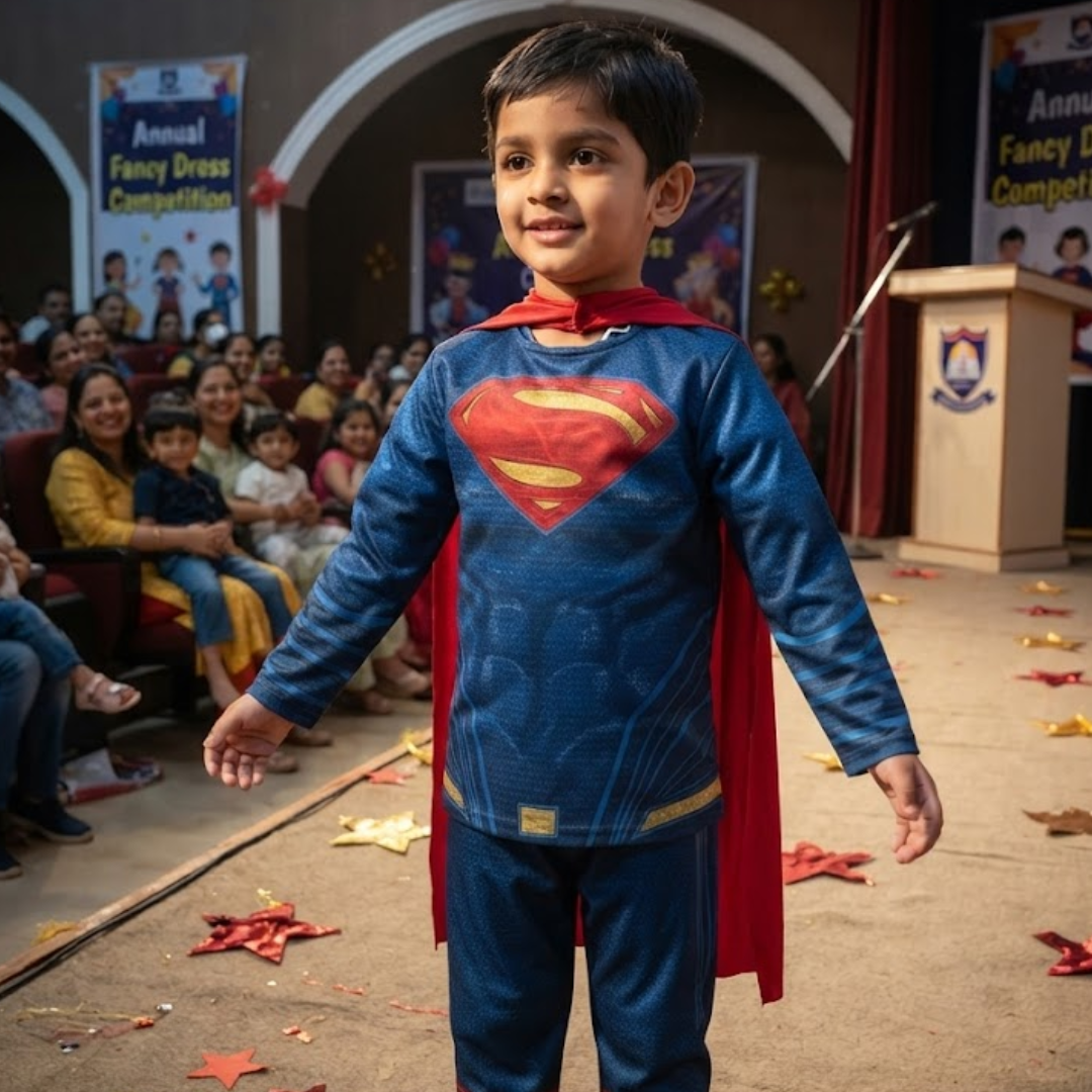 Red & Blue Superhero Costume Top for Kids – Size M | Kids Hero-Inspired Fancy Dress for Theme Parties & School Events
