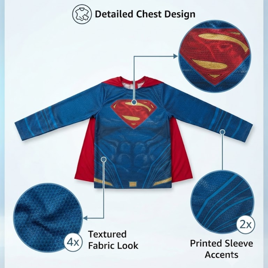 Red & Blue Superhero Costume Top for Kids – Size M | Kids Hero-Inspired Fancy Dress for Theme Parties & School Events