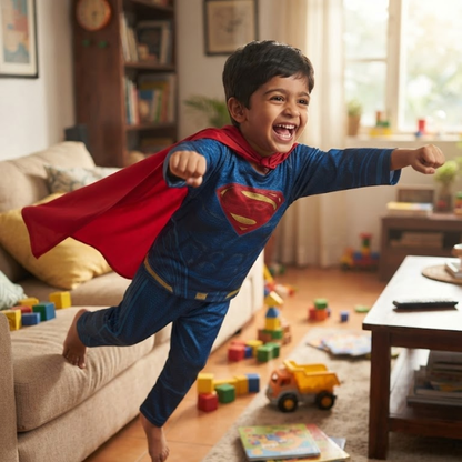 Red & Blue Superhero Costume Top for Kids – Size M | Kids Hero-Inspired Fancy Dress for Theme Parties & School Events