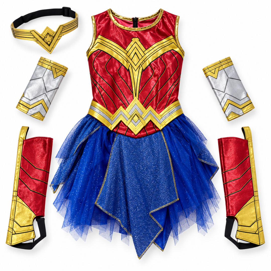 Deluxe Superhero Girl Costume - Size S | Red, Blue & Gold Kids Fancy Dress for Birthday Parties, School Events & Role Play