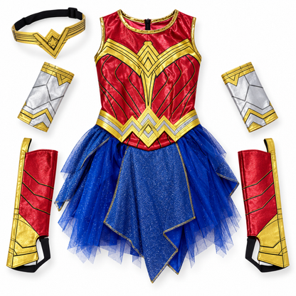 Deluxe Superhero Girl Costume - Size S | Red, Blue & Gold Kids Fancy Dress for Birthday Parties, School Events & Role Play