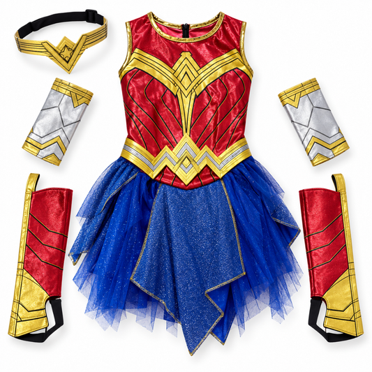Deluxe Superhero Girl Costume - Size S | Red, Blue & Gold Kids Fancy Dress for Birthday Parties, School Events & Role Play