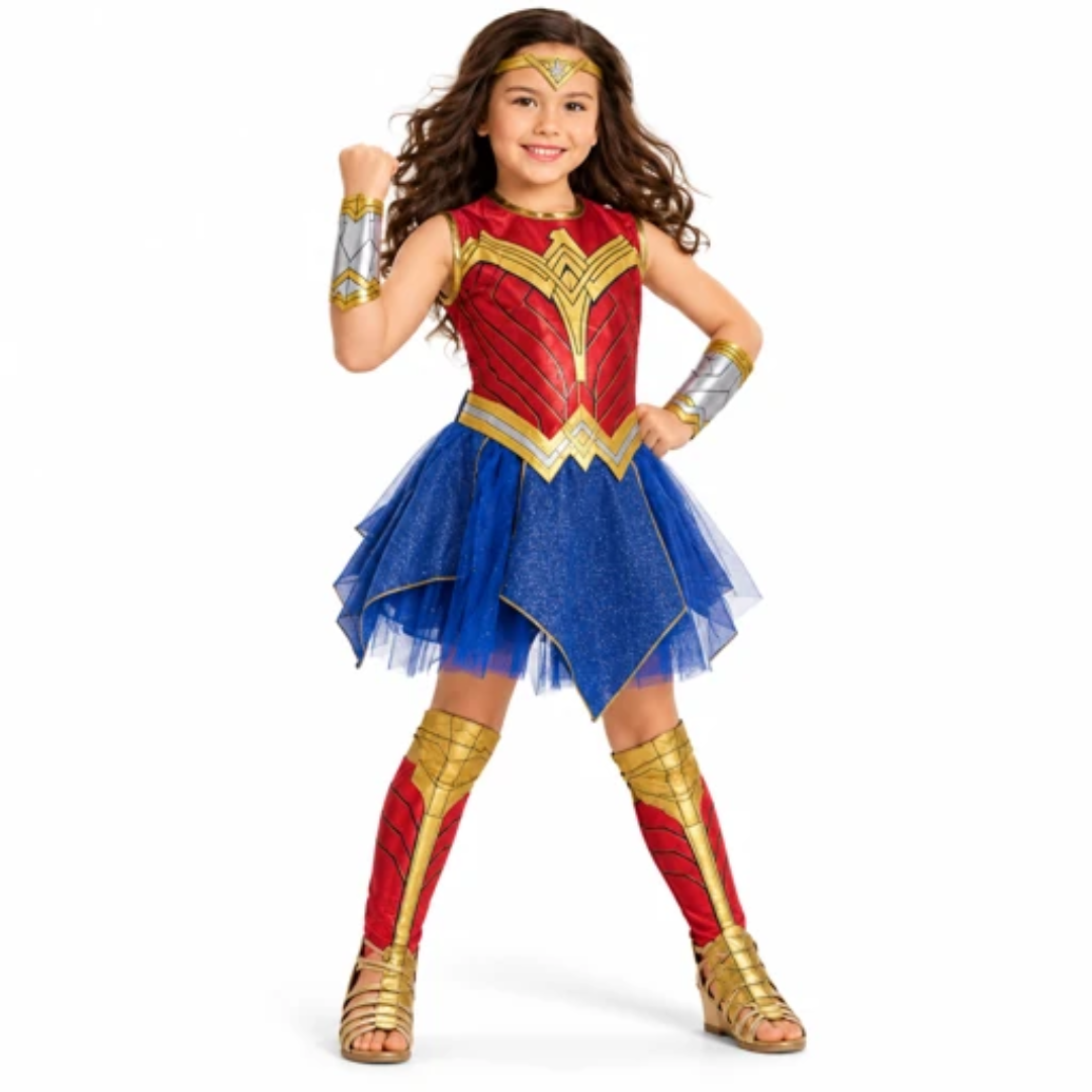 Deluxe Superhero Girl Costume - Size S | Red, Blue & Gold Kids Fancy Dress for Birthday Parties, School Events & Role Play