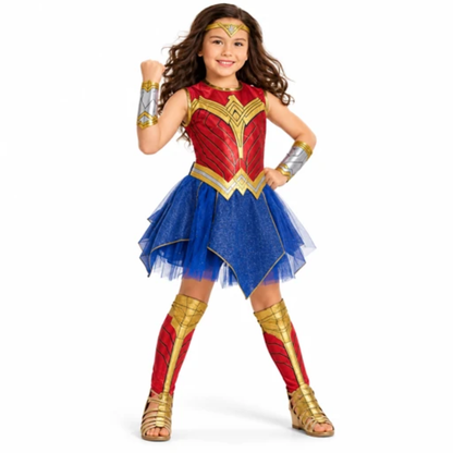 Deluxe Superhero Girl Costume - Size S | Red, Blue & Gold Kids Fancy Dress for Birthday Parties, School Events & Role Play
