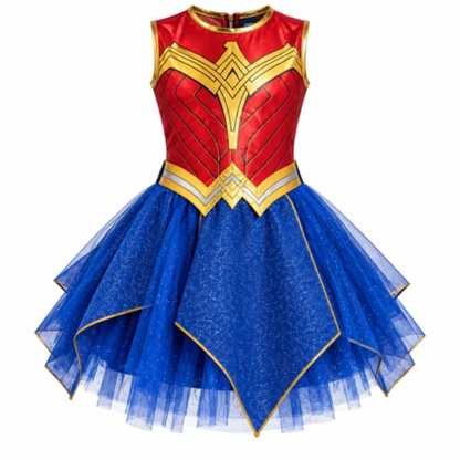 Deluxe Superhero Girl Costume - Size S | Red, Blue & Gold Kids Fancy Dress for Birthday Parties, School Events & Role Play