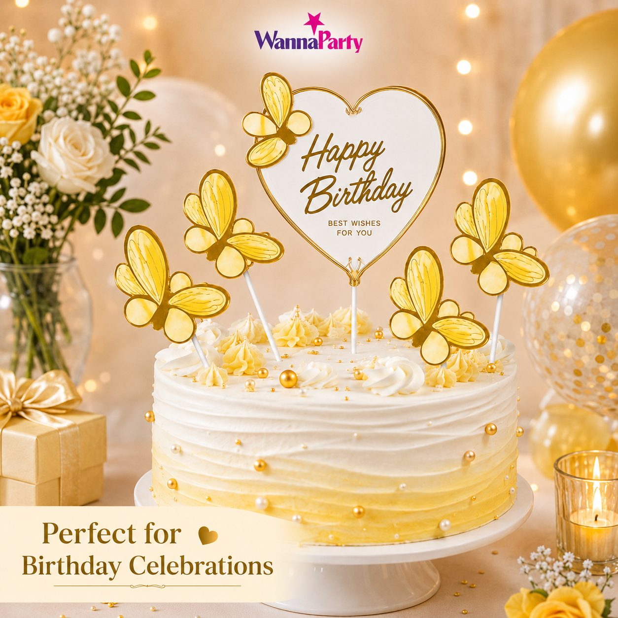 Happy Birthday Cake Topper with Yellow Butterflies - 5PC