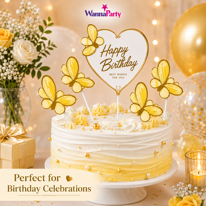 Happy Birthday Cake Topper with Yellow Butterflies - 5PC