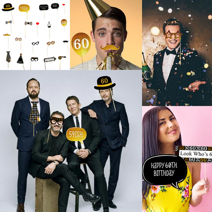 60th Birthday Photo Booth Props Gold & Black - 20Pc