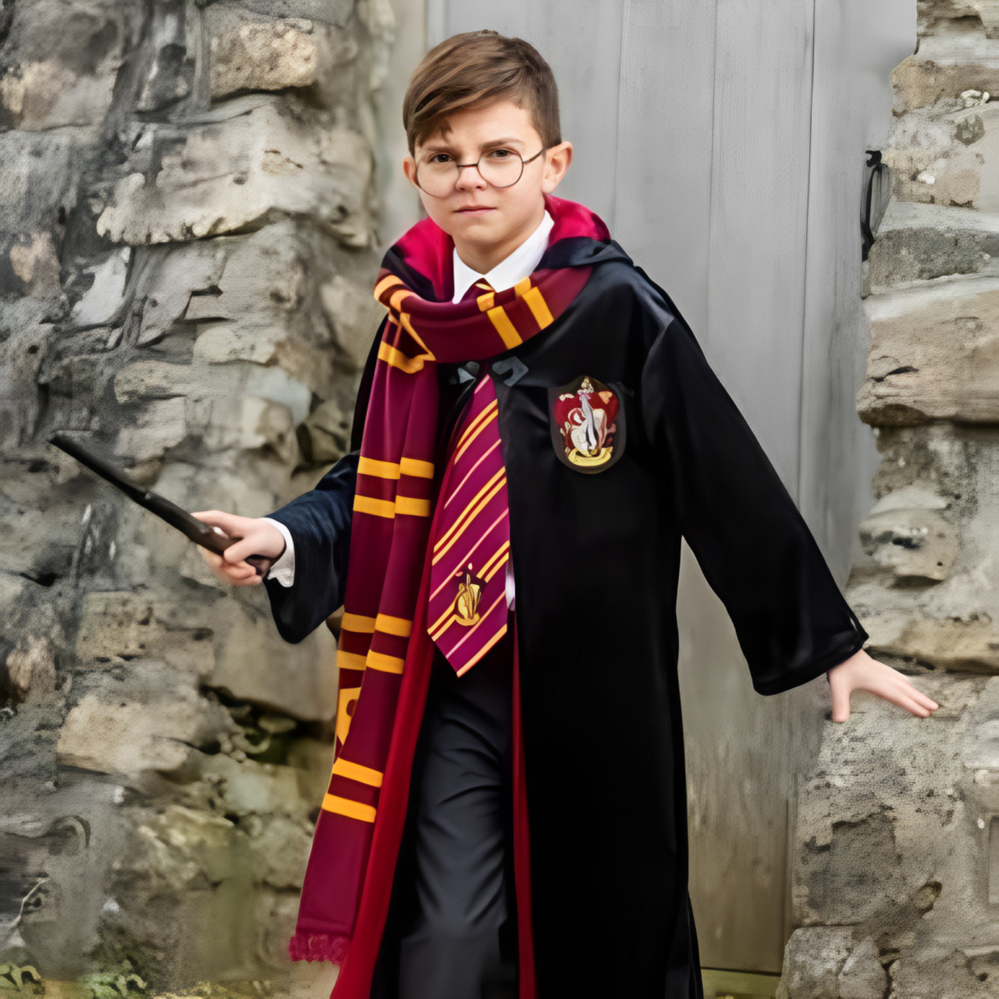 Magical Harry Potter Costume w/ Scarf, Eyeglass, Wand & Tie for Kids - Size M 5 - 7 YR