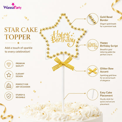 Birthday Star Cake Topper, White & Gold Star Design with Bead Border & Bow | Birthday Cake Decoration Kit for Kids, Adults, Party Cakes & Dessert Table – 1PC